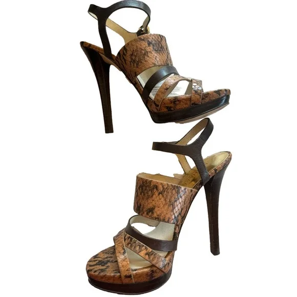 Michael Kors Nadja Platform Open Toe Heels Snakeskin Animal Print Embossed 6 - Picture 3 of 11